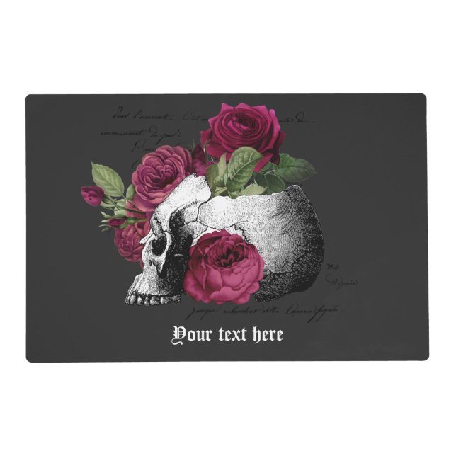 Burgundy Floral Skull Gothic Skull Placemat (Front)