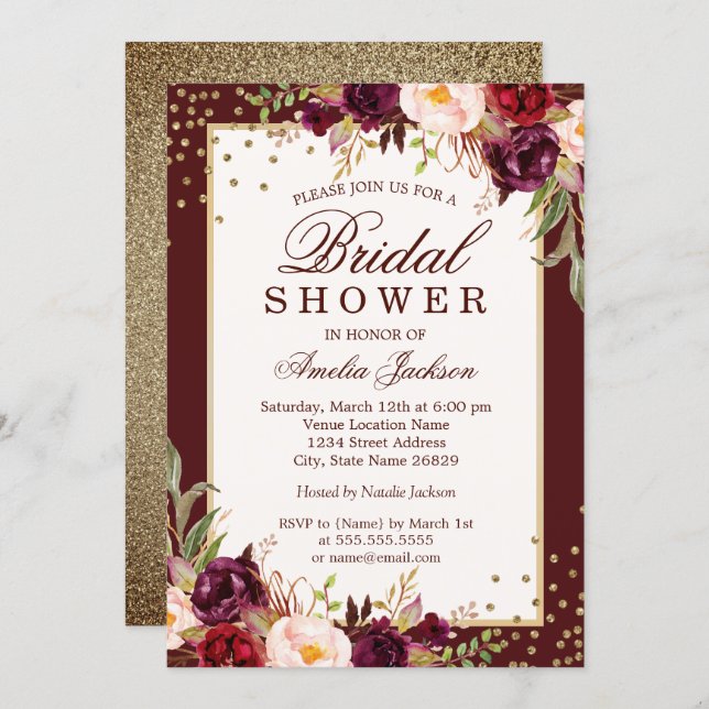 Burgundy floral Sparkle Bridal Shower Invitation (Front/Back)