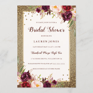 Burgundy floral Sparkle Gold Bridal Shower Invitation