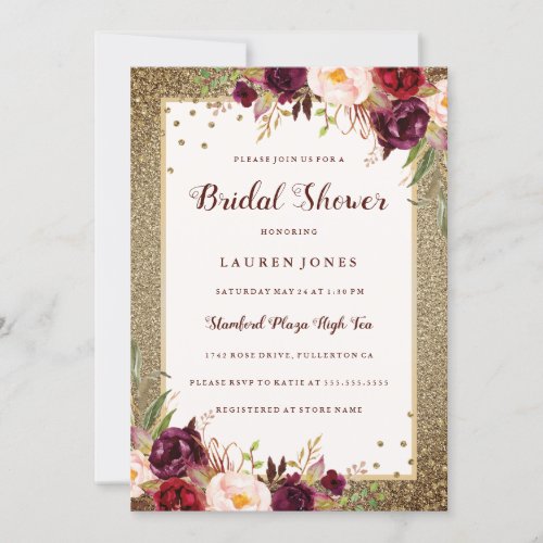 Burgundy floral Sparkle Gold Bridal Shower Invitation