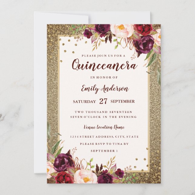 Burgundy floral Sparkle Gold Quinceanera Invite (Front)