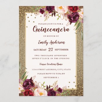 Burgundy Floral Sparkle Gold Quinceanera Invite by LittleBayleigh at Zazzle