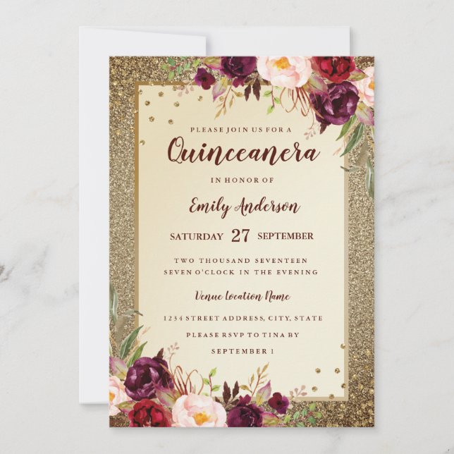 Burgundy floral Sparkle Gold Quinceanera Invite (Front)