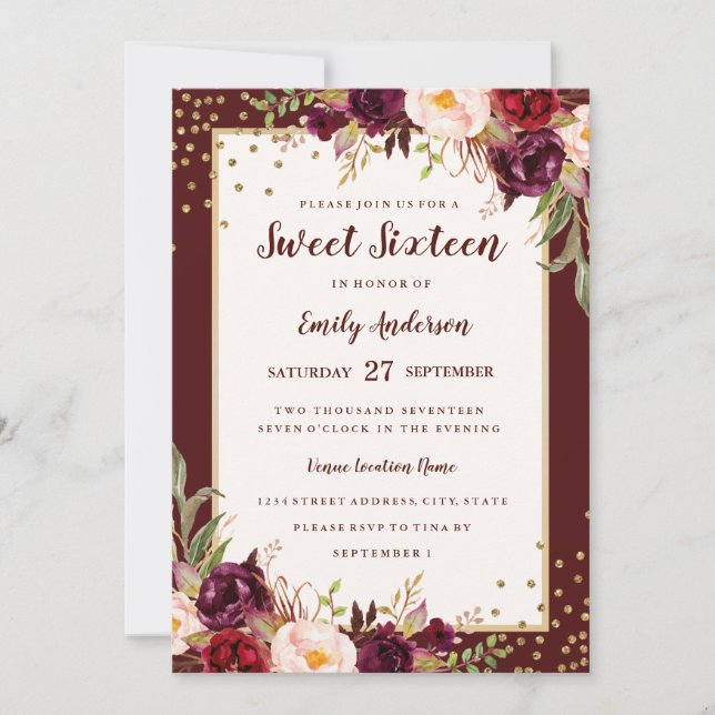 Burgundy Floral Sparkle Sweet Sixteen Invite (Front)