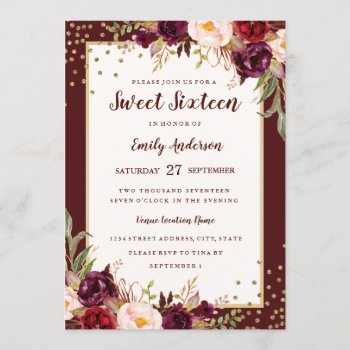Burgundy Floral Sparkle Sweet Sixteen Invite by LittleBayleigh at Zazzle
