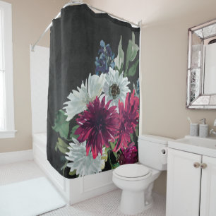 Burgundy Floral Splash on Distressed Black Shower Curtain