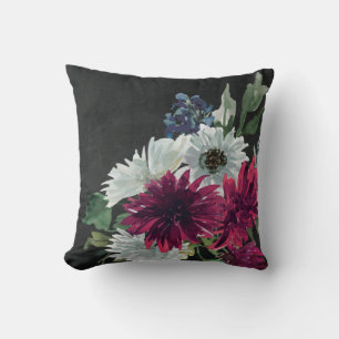 Burgundy Floral Splash on Distressed Black Throw Pillow