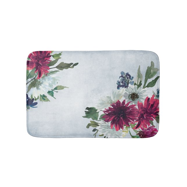Burgundy Floral Splash on Gray Bath Mat (Front)
