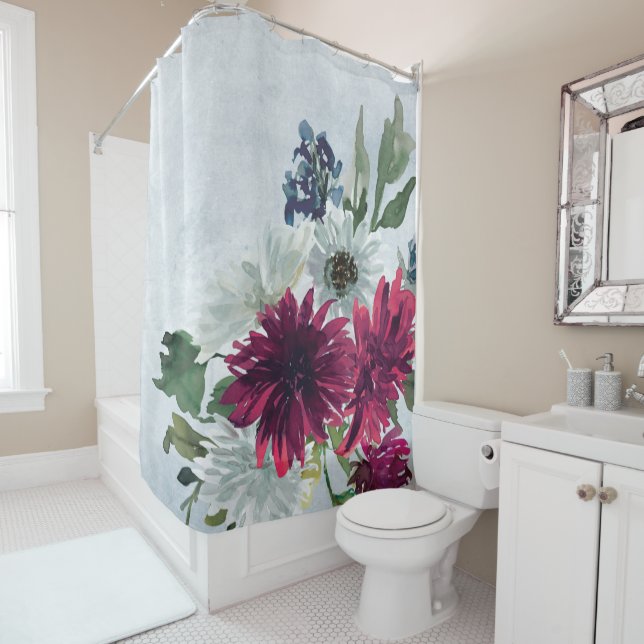 Burgundy Floral Splash on Gray Shower Curtain (In Situ)