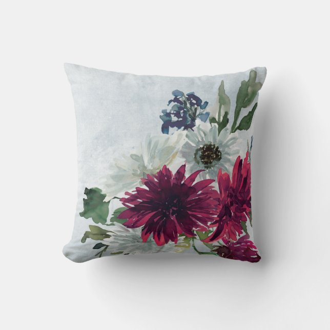 Burgundy Floral Splash on Gray Throw Pillow (Front)