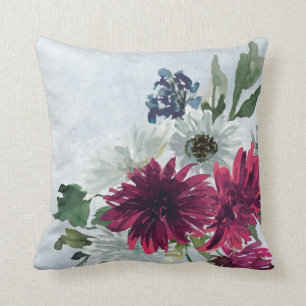 Burgundy Floral Splash on Gray Throw Pillow