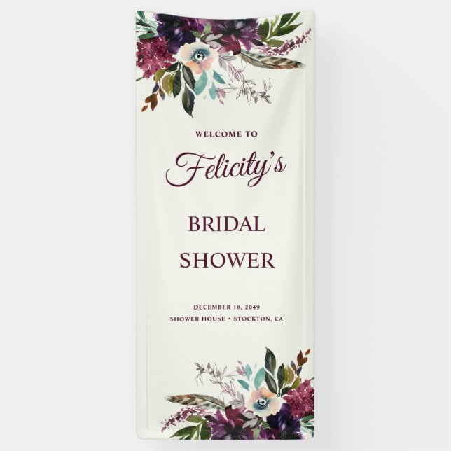 Burgundy Floral Splendor Ecru Bridal Shower Banner (Vertical)