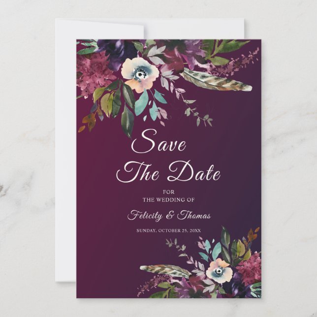 Burgundy Floral Splendor Save The Date Invitation (Front)