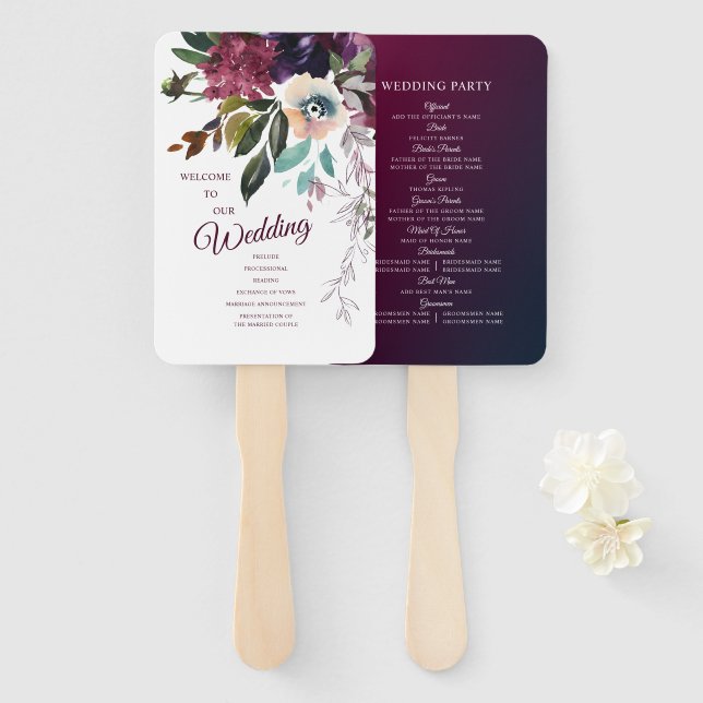 Burgundy Floral Splendor Wedding Program Hand Fan (Front and Back)