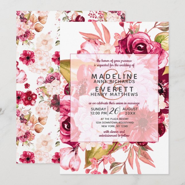 Burgundy Floral Square Frame Wedding Invitation (Front/Back)