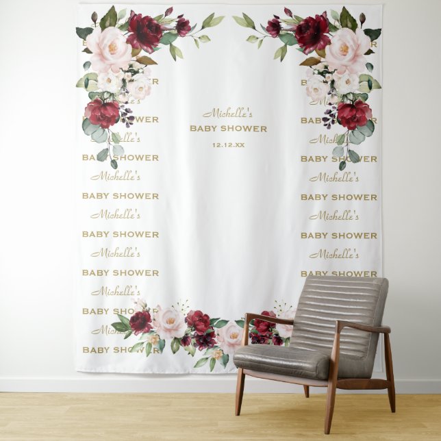 Burgundy Floral Step & Repeat Baby Shower Backdrop (In Situ)