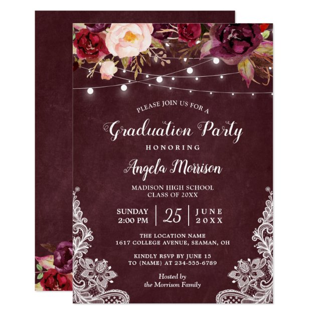 Burgundy Floral String Light Lace Graduation Party Invitation