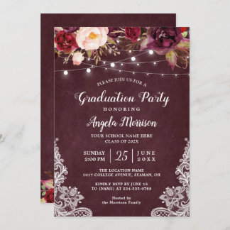 Burgundy Floral String Light Lace Graduation Party Invitation