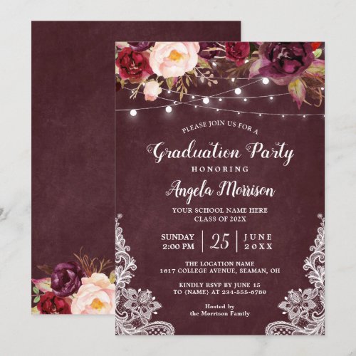 Burgundy Floral String Light Lace Graduation Party Card