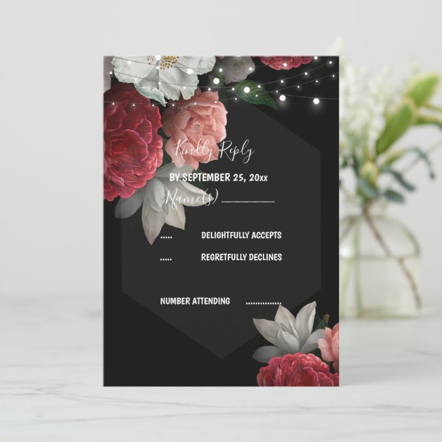 Burgundy floral string light RSVP Invitation (Standing Front)