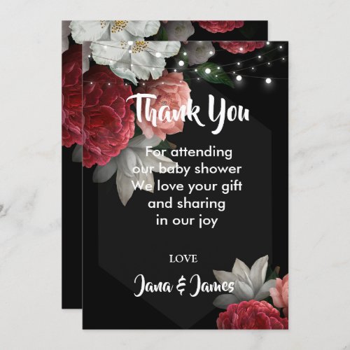 Burgundy floral string light thank you Invitation