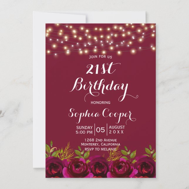 Burgundy Floral String Lights 21st Birthday Party Invitation (Front)