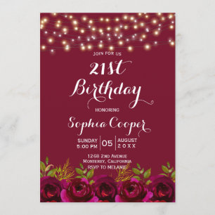 Burgundy Floral String Lights 21st Birthday Party Invitation