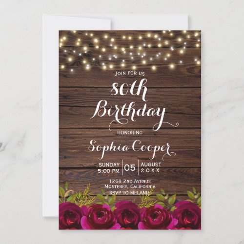 Burgundy Floral String Lights 80th Birthday Party Invitation