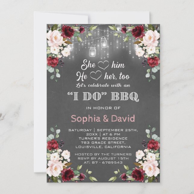 Burgundy Floral String Lights I DO BBQ Engagement Invitation (Front)