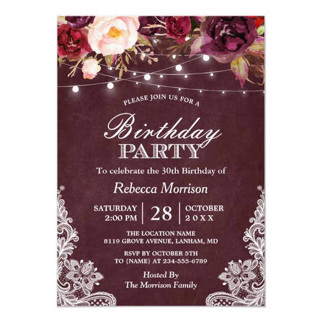 Burgundy Floral String Lights Lace Birthday Party Card (front side)