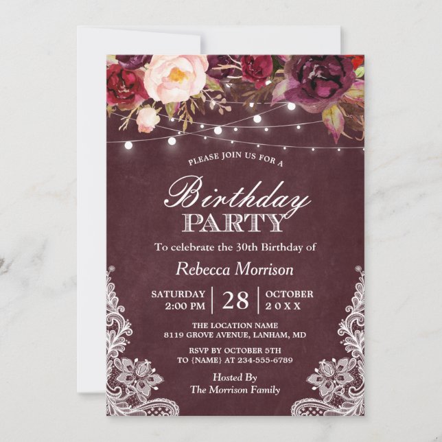Burgundy Floral String Lights Lace Birthday Party Invitation (Front)