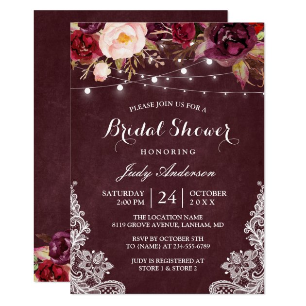 Burgundy Floral String Lights Lace Bridal Shower Invitation