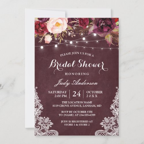 Burgundy Floral String Lights Lace Bridal Shower Invitation