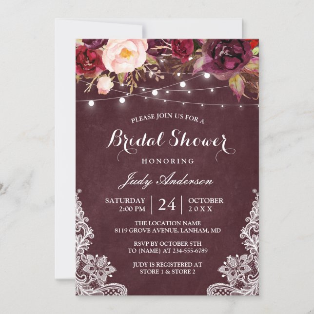 Burgundy Floral String Lights Lace Bridal Shower Invitation (Front)