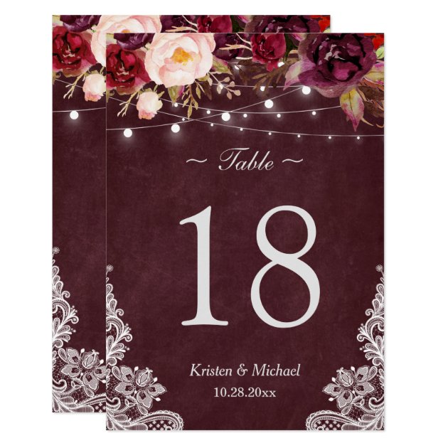 Burgundy Floral String Lights Lace Table Number