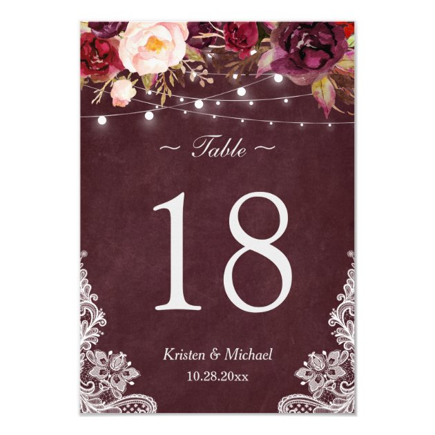 Burgundy Floral String Lights Lace Table Number