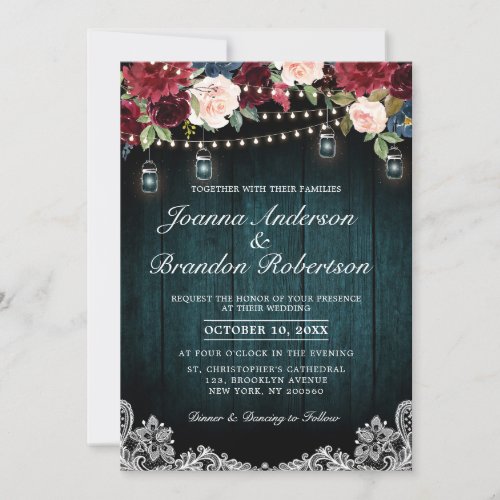 Burgundy Floral String lights Mason Jar Wedding Invitation