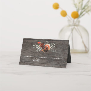 Burgundy Floral String Lights Rustic Wood Place Card