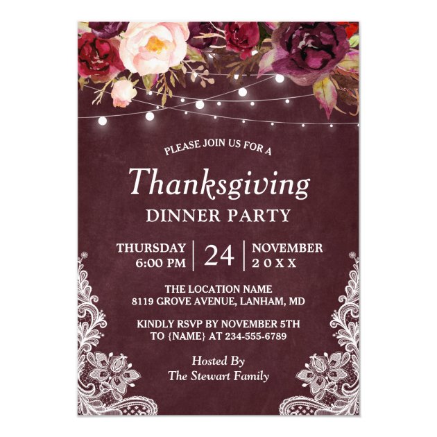 Burgundy Floral String Lights Thanksgiving Dinner Card (front side)