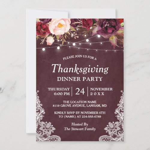 Burgundy Floral String Lights Thanksgiving Dinner Card