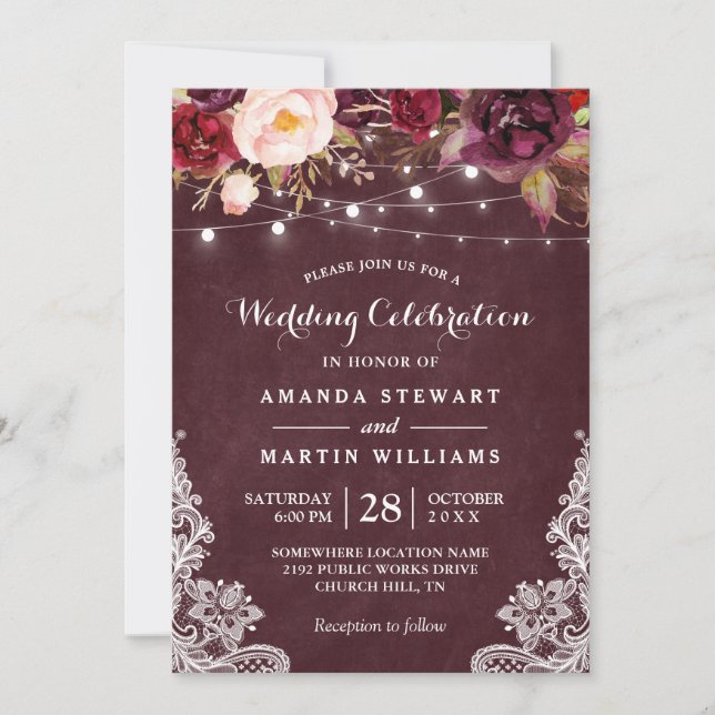 Burgundy Floral String Lights Wedding Celebration Invitation (Front)