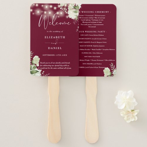 Burgundy Floral String Lights Wedding Program Hand Fan