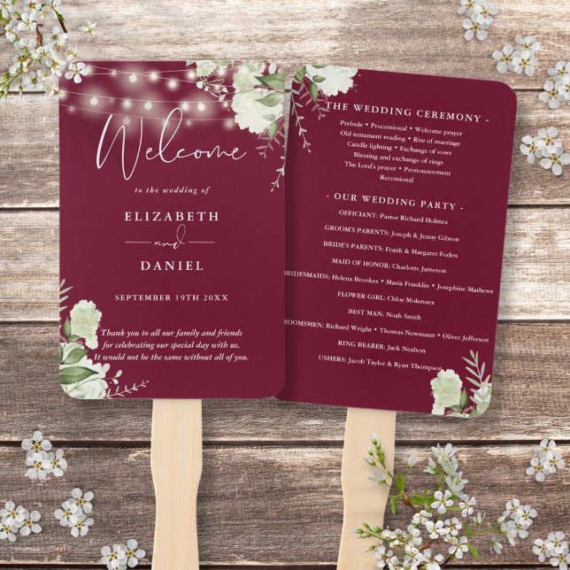 Burgundy Floral String Lights Wedding Program Hand Fan (Burgundy Floral String Lights Wedding Program Hand Fan)