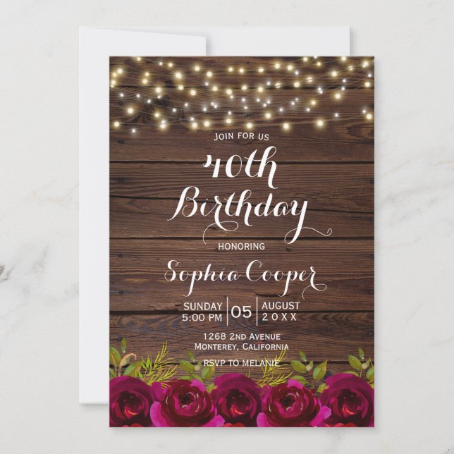 Burgundy Floral String Lights Wood 40th Birthday Invitation (Front)