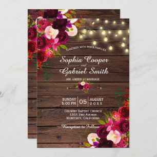 Burgundy Floral   String Lights Wood Wedding Invitation