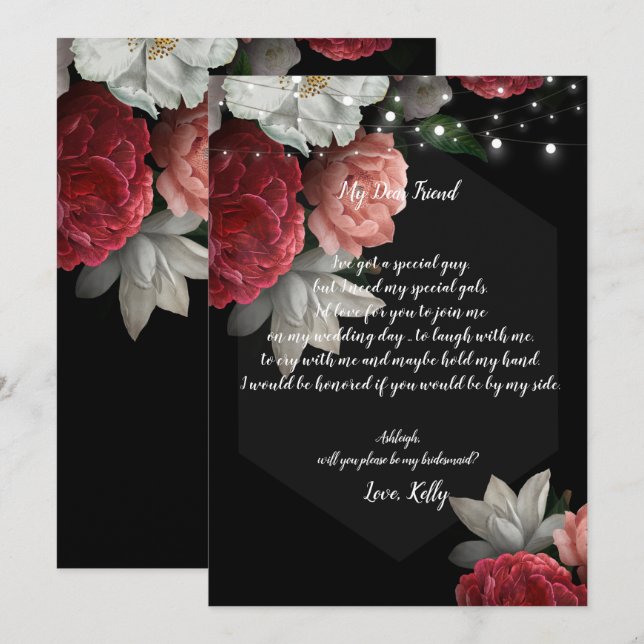 Burgundy floral string lighwill be my bridesmaid   invitation (Front/Back)