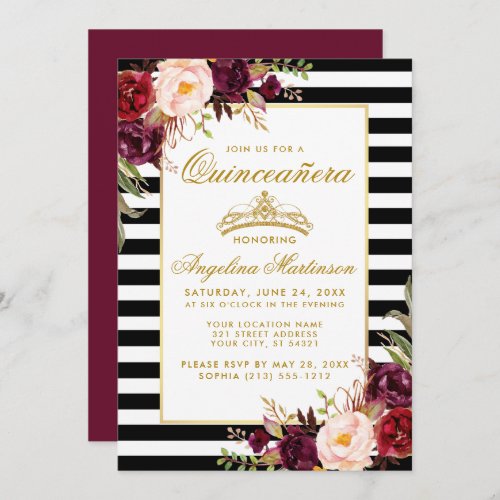 Burgundy Floral Stripes Quinceanera Gold Crown Invitation
