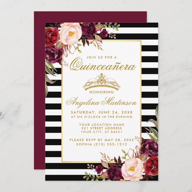 Burgundy Floral Stripes Quinceanera Gold Crown Invitation (Front/Back)