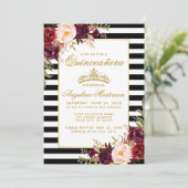 Burgundy Floral Stripes Quinceanera Gold Crown Invitation (Standing Front)