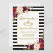Burgundy Floral Stripes Quinceanera Gold Crown Invitation (Front)
